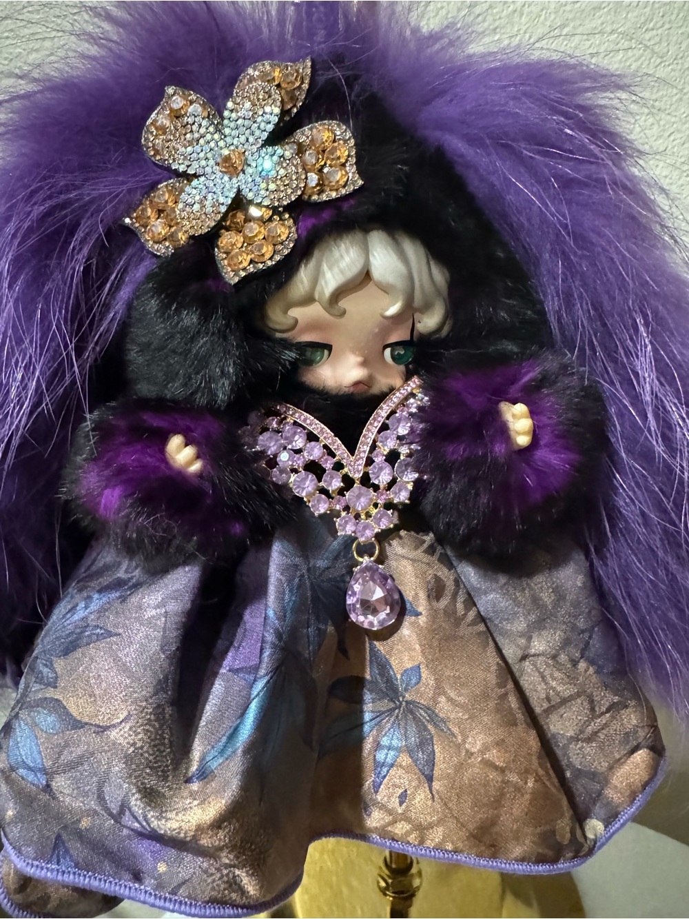 Plush Purple real Fur Skullpanda with Crystal Accessories